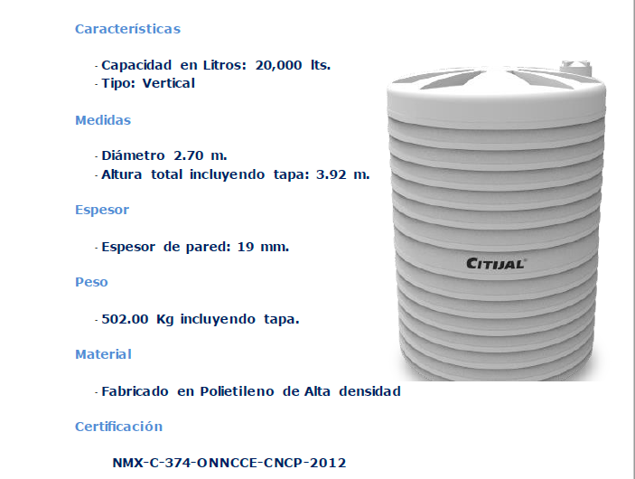 Cisternas y Citijal tanques de 20.000 litros medidas cuanto cuesta precio costo distribuidores en Guadalajara Zapopan